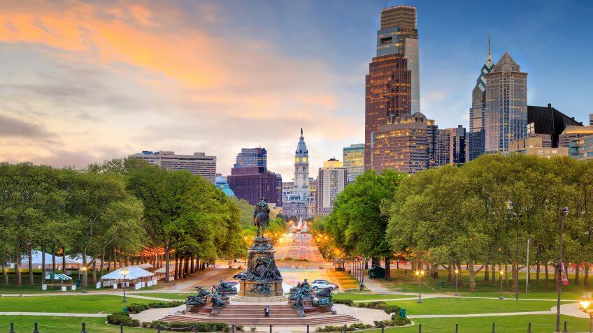Beautiful philadelphia downtown skyline at sunset USA.