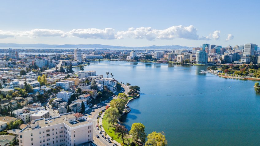 Aerial view above Lake Merritt in Oakland, California.