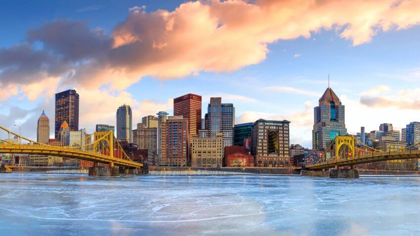 Skyline of downtown Pittsburgh at twilight panorama.