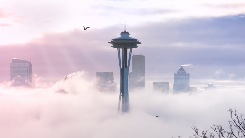 Building Exterior, City, City Life, Color Image, Fog, Horizontal, Mist, Pacific Northwest, Panoramic, Photography, Public Building, Seattle, Skyline, Skyscraper, Space Needle, Travel Destinations, USA, Urban Scene, Washington State