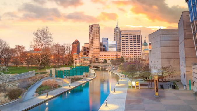 Downtown Indianapolis skyline at twilight.