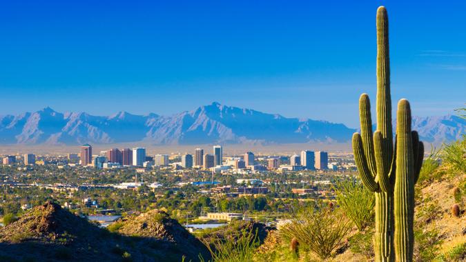 Phoenix midtown skyline with a Saguaro Cactus and other desert scenery in the foreground.