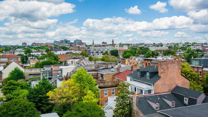 View of buildings in Fells Point, Baltimore, Maryland.