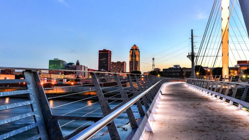 Des Moines Skyline and Walking Bridge at Night.