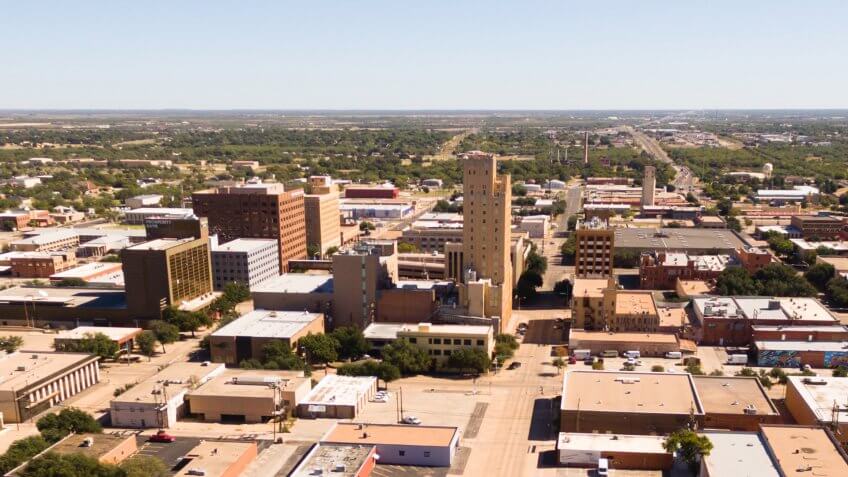 A birdseye view of Lubbock Texas downtown city skylines, buildings and streets.