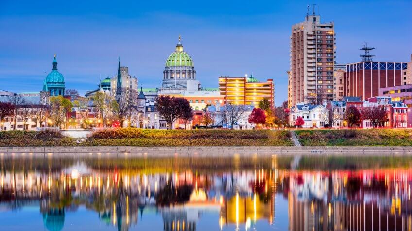 Harrisburg, Pennsylvania, USA skyline on the Susquehanna River.