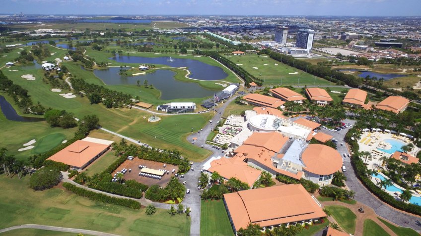 DORAL - MARCH 17: Aerial photo of Trump National Resort and Golf club which holds the annual Cadillac World Golf Championship tournament March 17, 2016 in Doral FL, USA.