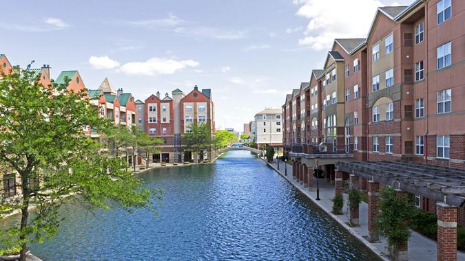 Beautiful architecture in downtown Indianapolis, INDIANA, along the central canal