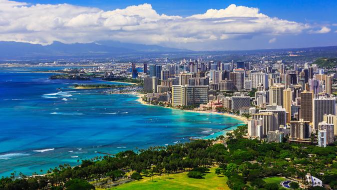 Skyline of Honolulu, Hawaii and the surrounding area including the hotels and buildings on Waikiki Beach.