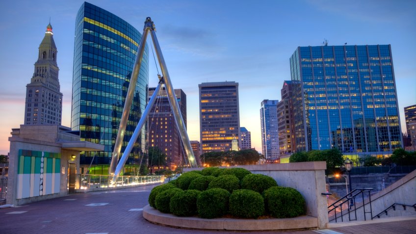 Downtown Hartford Connecticut skyline at dusk.