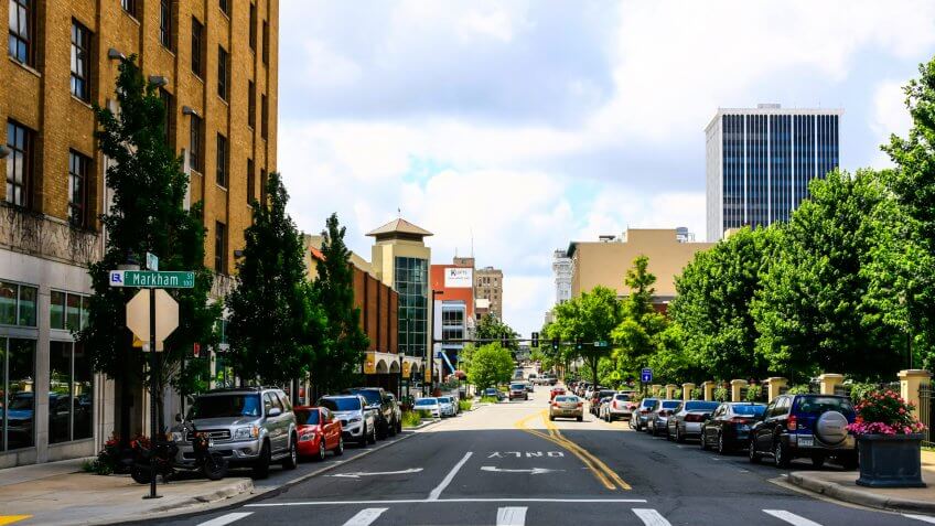 Little Rock, AR, USA - June 12, 2015: View of W Markham Street in downtown Little Rock city, Arkinsas.
