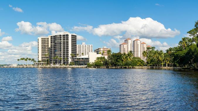 FORT MYERS, USA - DEC 11, 2015: Panorama of Caloosahatchee River with waterfront apartment buildings in Fort Myers, Florida, USA.