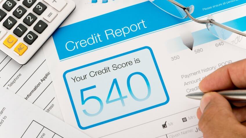 Credit report with score on a desk.