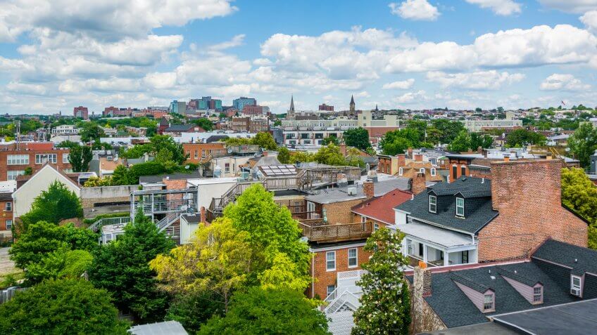 View of buildings in Fells Point, Baltimore, Maryland.