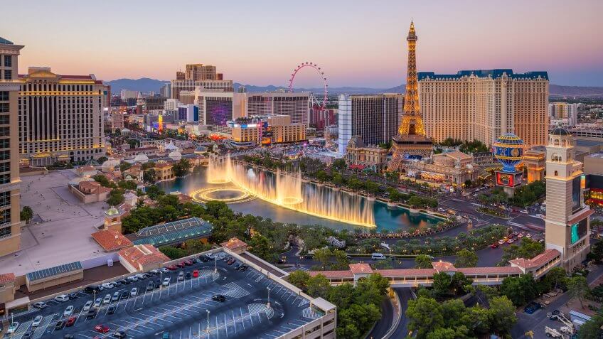 Aerial view of Las Vegas strip in Nevada as seen at night USA.