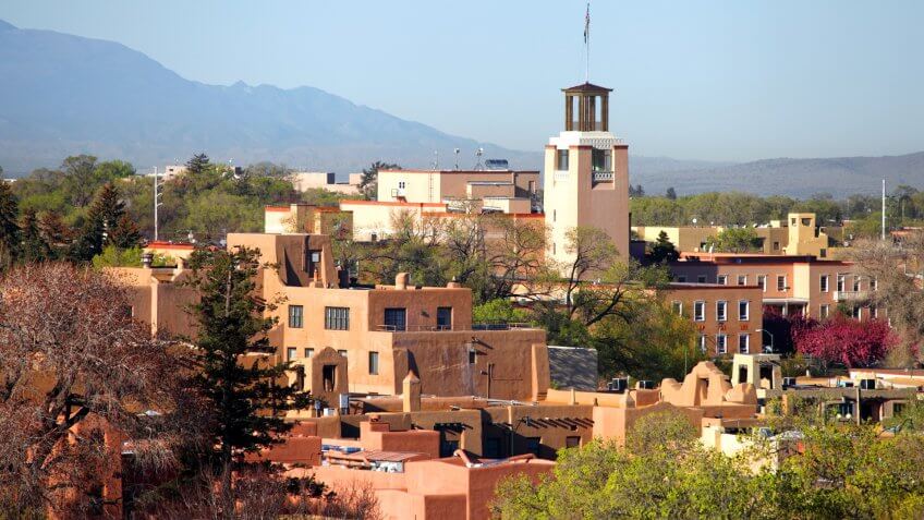 Downtown Santa Fe, New Mexico at dusk.