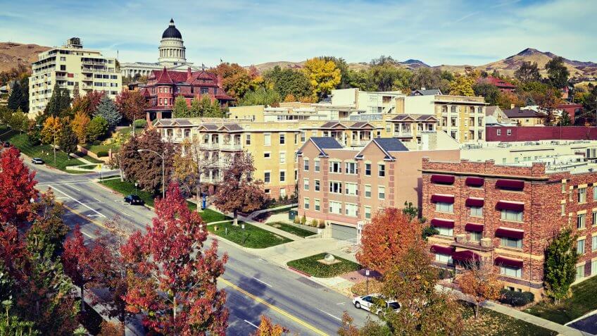 Vintage toned Salt Lake City downtown in autumn, Utah, USA.