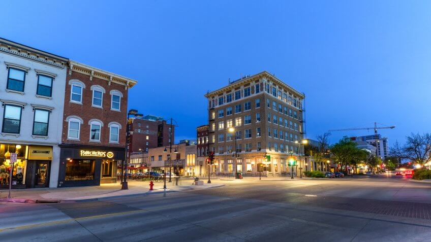 IOWA CITY, IOWA - APRIL 23, 2017: Downtown Iowa City, IA on a spring evening.