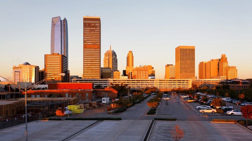 A view of the skyline of Oklahoma City at sunrise., Places to Retire