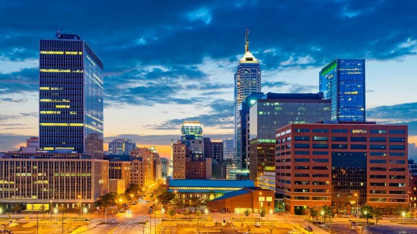 Image of Indianapolis skyline at sunset.