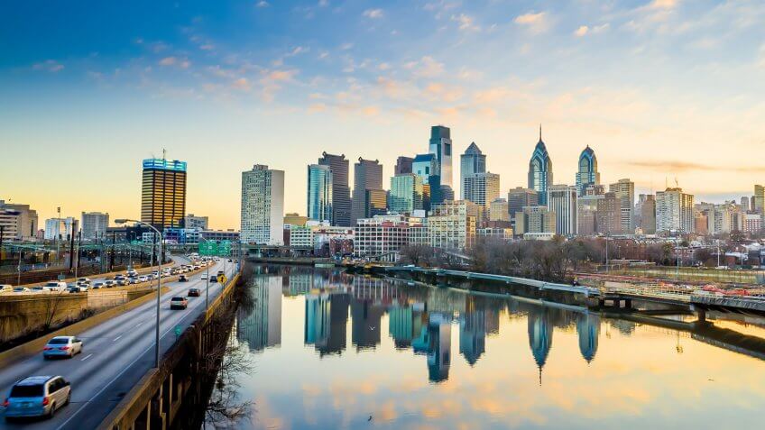 Downtown Skyline of Philadelphia, Pennsylvania at twilight.
