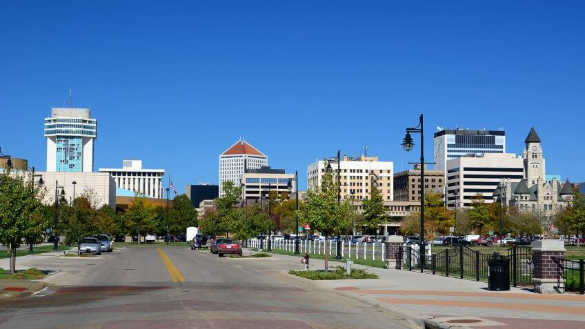 Wichita, Kansas skyline view from a street.