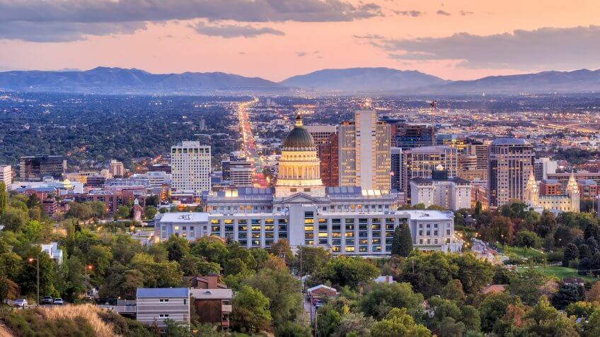 Salt Lake City skyline Utah at night.