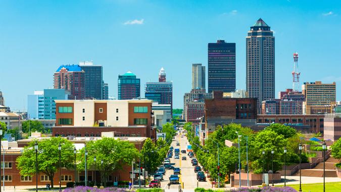 Des Moines skyline view with Downtown Des Moines, elevated view.