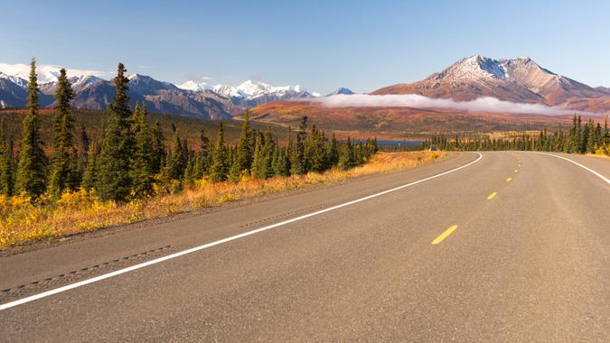 Highway Curve Wilderness Road Alaska Mountain Landscape.