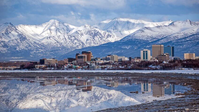 Anchorage, Alaska Skyline with a winter reflection.