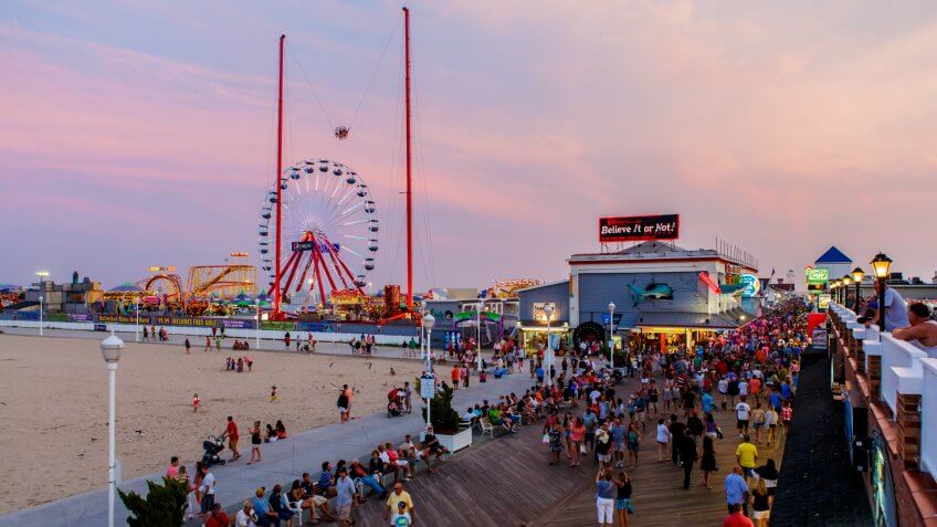 Ocean City, USA - August 4, 2014: Crowded boardwalk in Ocean City, MD on August 4, 2014.