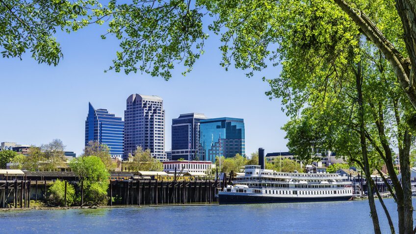 Sacramento skyline and riverfront on the Sacramento River.