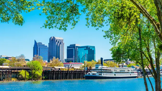 Sacramento skyline and riverfront on the Sacramento River.