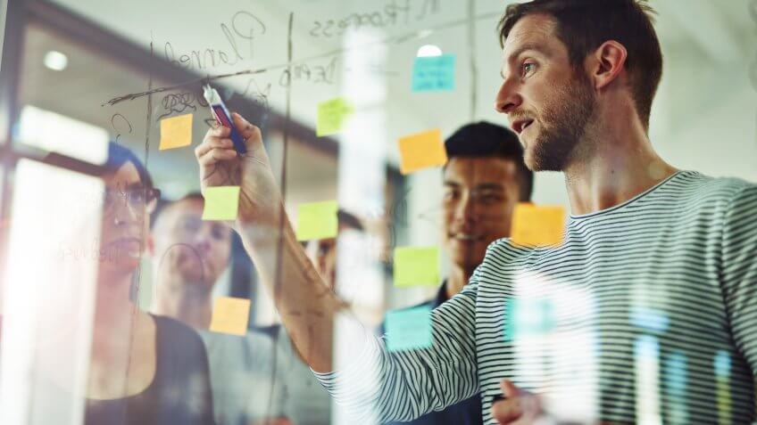 Cropped shot of coworkers using sticky notes on a glass wall during a meeting.