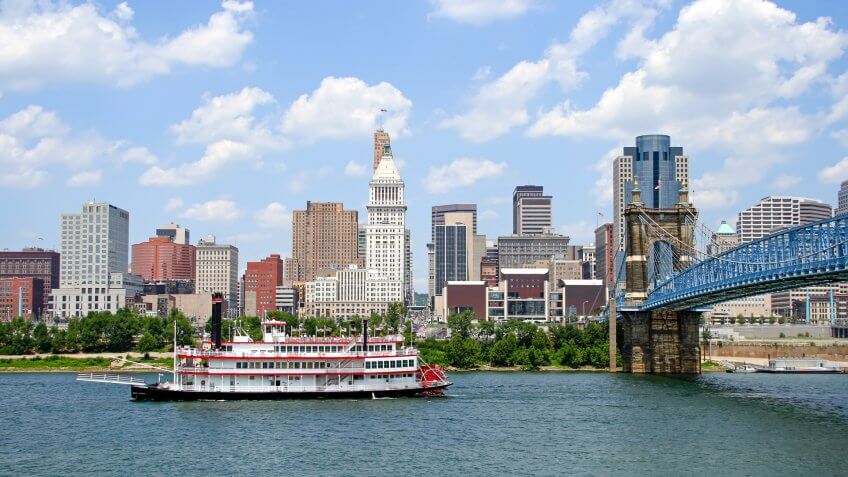 Replica steamboat travels down the Ohio River in front of the Cincinnati skyline.