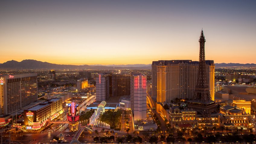 Aerial view over Las Vegas close to sunset at twilight.