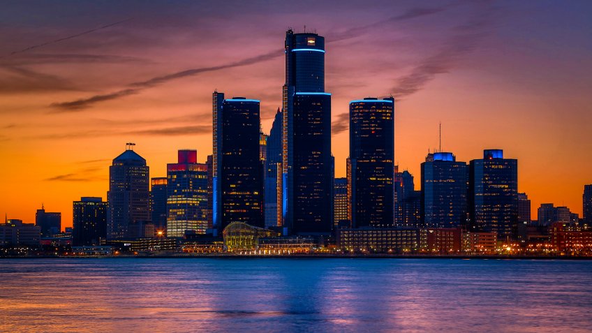 View of Detroit from Windsor, Ontario during a golden sunset.