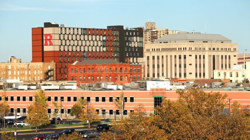 Camden, New Jersey, USA - October 31, 2016: Daytime view of the 330 Cooper residence hall and adjacent buildings on the Rutgers University Camden campus.