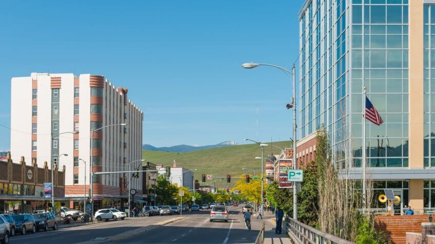 Missoula, United States - May 13, 2016: The downtown area of this college town in Montana is clean, lined with business and historic buildings.