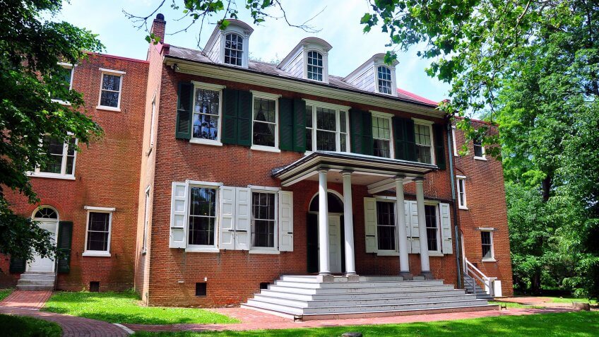 Front facade of federal-style historic Wheatland mansion