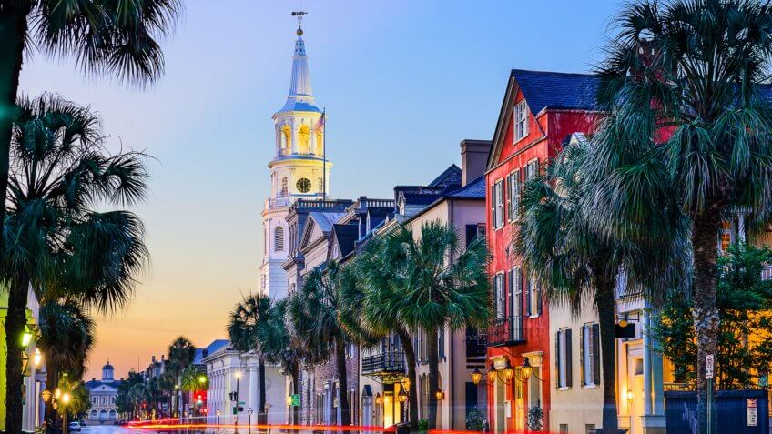 Charleston, South Carolina, USA cityscape in the historic French Quarter at twilight.