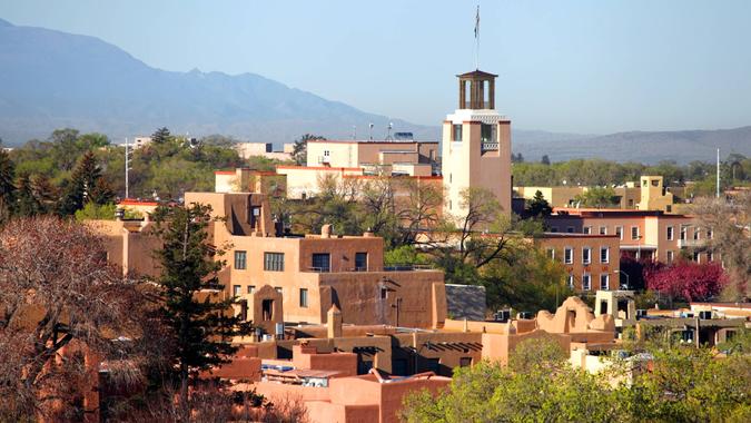 44. New Mexico Downtown Santa Fe, New Mexico at dusk.