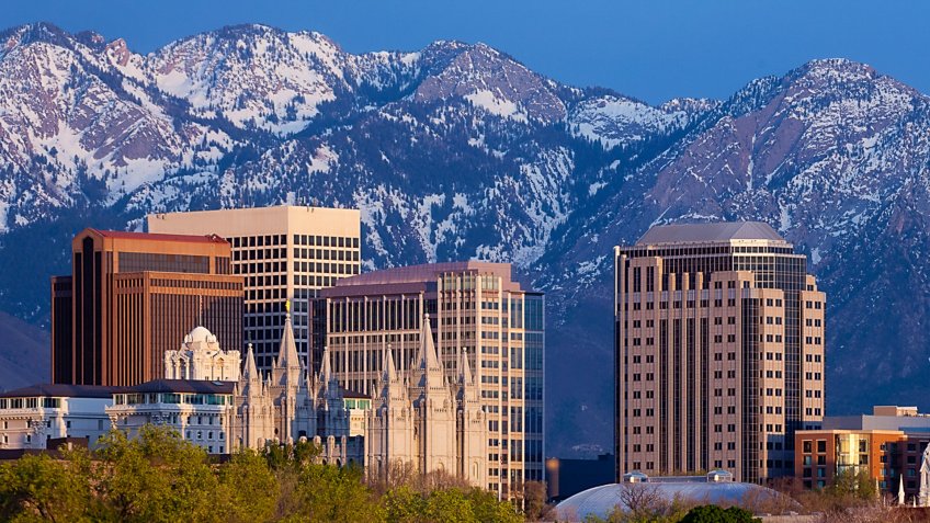 "A panorama of the Salt Lake City skyline at sunset.