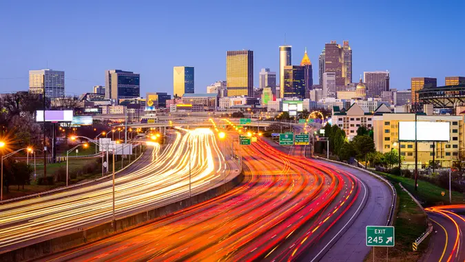 Atlanta, Georgia, USA downtown city skyline over the interstate highway.