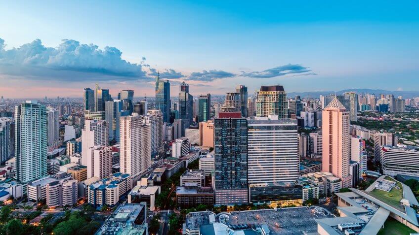 Eleveted, night view of Makati, the business district of Metro Manila.