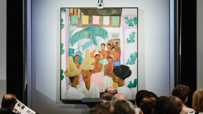 The painting 'The Rivals' by artist Diego Rivera is displayed during the sales event of The Collection of Peggy and David Rockefeller at Christie's auction house in New York, New York, USA, 09 May 2018.