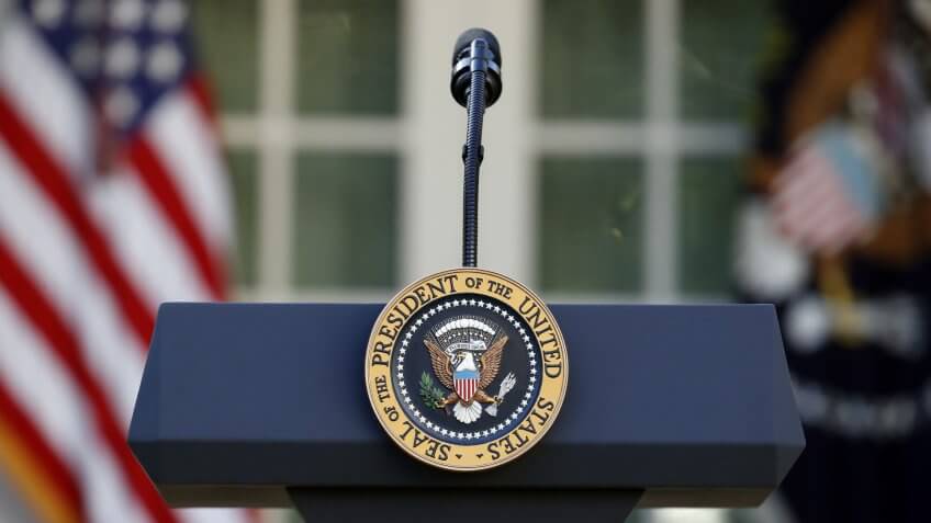 The presidential podium is seen before President Donald Trump announces Federal Reserve board member Jerome Powell as his nominee for the next chair of the Federal Reserve in the Rose Garden of the White House in WashingtonTrump, Washington, USA - 02 Nov 2017.