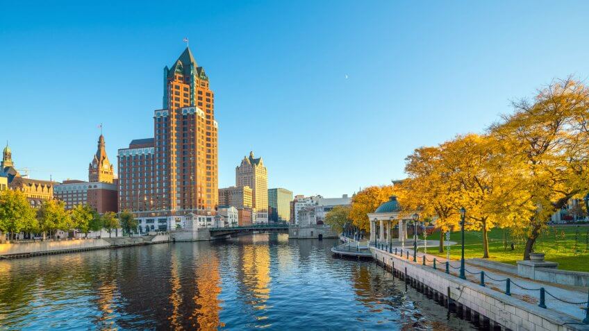 Downtown skyline with Buildings along the Milwaukee River, in Milwaukee, Wisconsin.