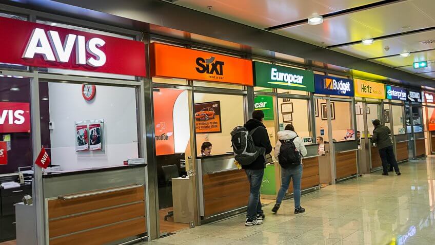 Most common rental car offices side by side on Sabiha Gokcen Airport in Istanbul. Including Avis, Sixth, Europacar, Budget, Hertz