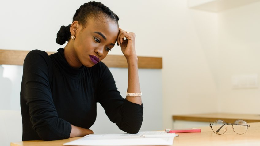 Table, desk, papers, thinking, woman